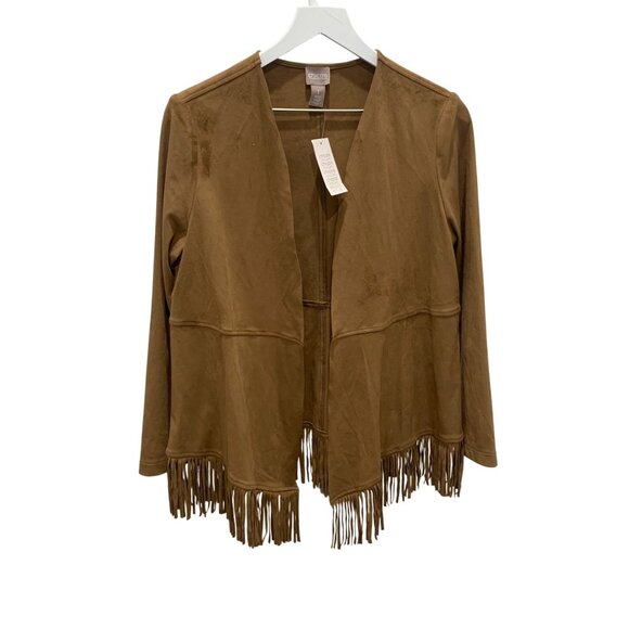 Chicos Faux Suede Fringe Cardigan Blazer Size 1 Tan NWT - Picture 1 of 9